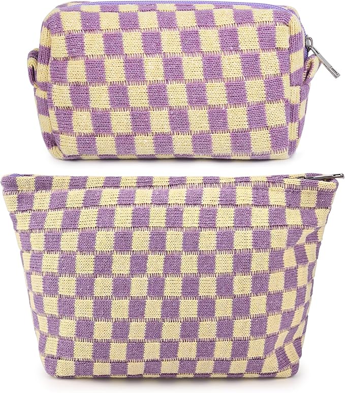 2 Pcs Checkered Makeup Bag Large Cosmetic Bag Toiletry Bag Makeup Pouch Travel Bag Organizer Cute Makeup Brushes Aesthetic Accessories Storage Bag for Women Purple