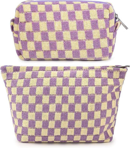 2 Pcs Checkered Makeup Bag Large Cosmetic Bag Toiletry Bag Makeup Pouch Travel Bag Organizer Cute Makeup Brushes Aesthetic Accessories Storage Bag for Women Purple