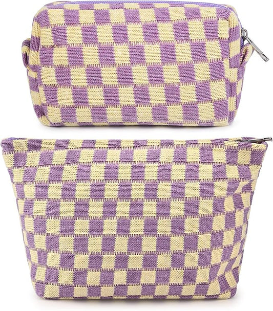 2 Pcs Checkered Makeup Bag Large Cosmetic Bag Toiletry Bag Makeup Pouch Travel Bag Organizer Cute Makeup Brushes Aesthetic Accessories Storage Bag for Women Purple