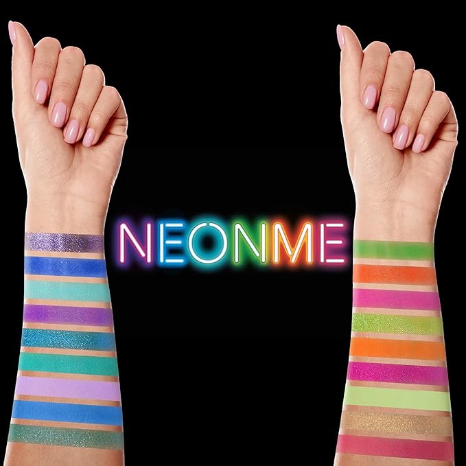 Neonme Eyeshadow Palette, 18 Fluorescent Color Glowing Eyeshadows, Rainbow Purple Blue Green Yellow Pink Eye Shadow Palettes for fun party Popular Eye Makeup, Glitter Matte Shimmer