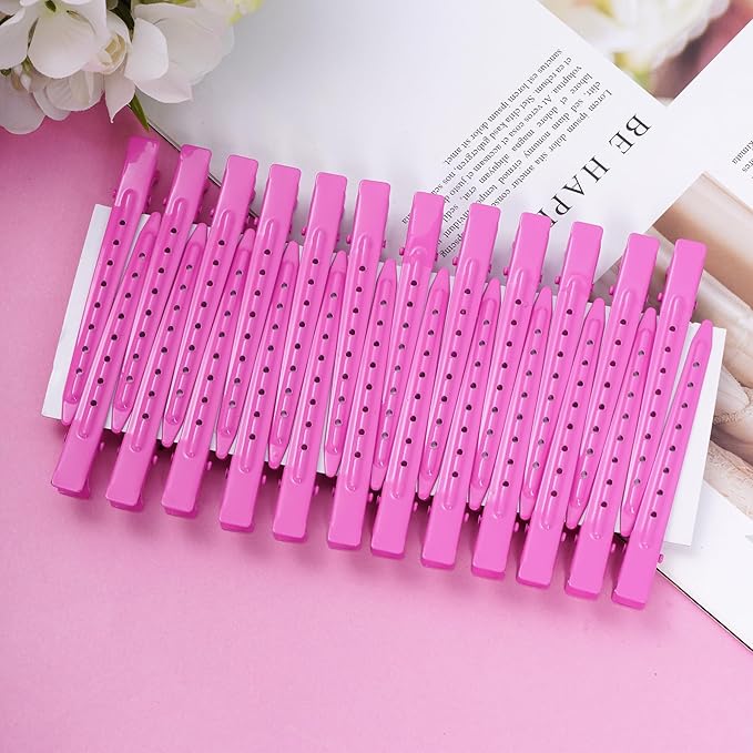 24 Packs Duck Bill Clips, Bantoye 3.35 Inches Rustproof Metal Alligator Curl Clips with Holes for Hair Styling, Hair Coloring, Rose Red