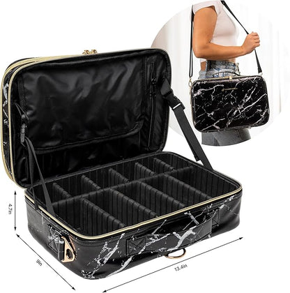 (Not Made In China) 2 Pack, Makeup Train Case, Cosmetic Bag, Portable Beauty Organizer and Storage Box With Adjustable Dividers For Make Up and Brushes (Marble, Large)