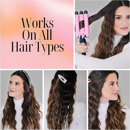 Alure Three Barrel Curling Iron Wand Hair Waver with LCD Temperature Display - 1 Inch Ceramic Tourmaline Triple Barrels, Dual Voltage Crimp