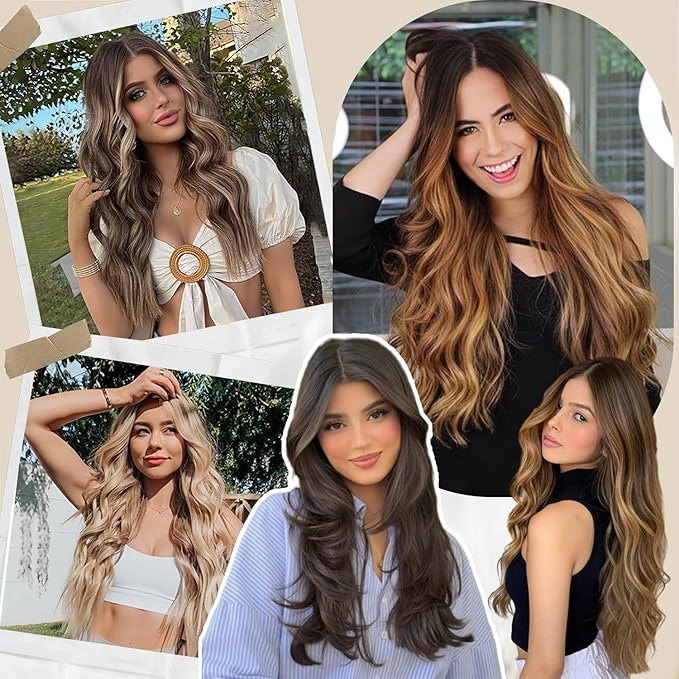 22 Inch Clip In Hair Extensions 7 PCS Long Wavy Synthetic Black Hair Extension & Natural Soft Invisible Clip Thick Hairpieces for Women Daily(20Inch, 7pcs, Honey Golden Brown Mixed Blonde)