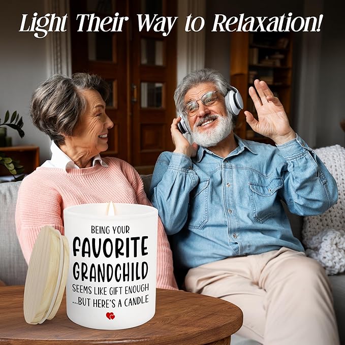 TEEZWONDER Mothers Day Gifts for Grandma - Favorite Grandchild Long Lasting Vanilla Lavender Candle 10 oz - Funny Mother's Day Fathers Day Birthday Gifts for Grandma Grandpa from Grandkids