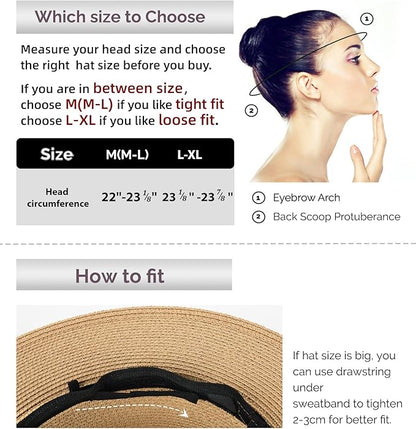 FURTALK Womens Mens Wide Brim Straw Panama Hat Fedora Summer Beach Sun Hat UPF Straw Hat for Women