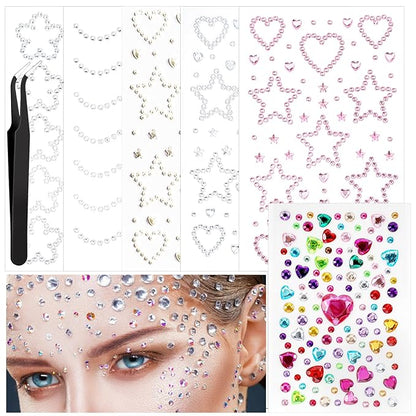 6 Sheets Face Gem Stickers Bling Heart Sticker With Tweezer Self-Adhesive Rhinestone Jewel Stickers Assorted Shapes Eye Jewels DIY Face Gems Stick on Hair Accessories For Girls for Makeup Body Crafts