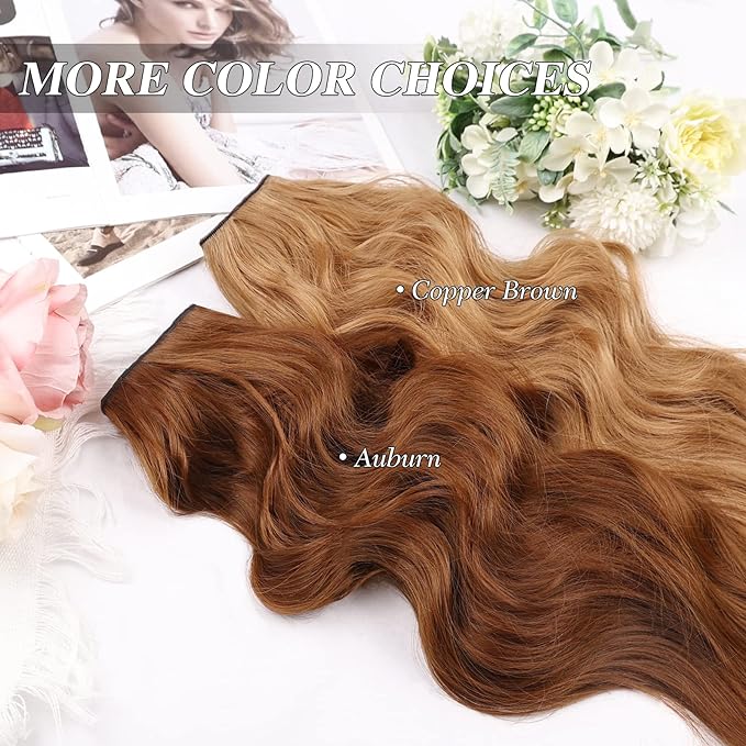 MORICA Halo Hair Extensions 20 Inch Auburn Invisible Wire Hair Extensions, Long Wavy Synthetic Hairpiece with Transparent Wire Adjustable Size, 4 Secure Clips for Women