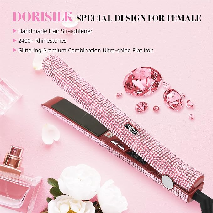 DORISILK 480°F High Temp Titanium Flat Iron, Pink Hair Straightener and Curler 2 in 1 Bedazzled Rhinestone Crystal Bling Straightening Curling Flattening Iron 30s Fast Heat Dual Voltage 1" Soft Pink