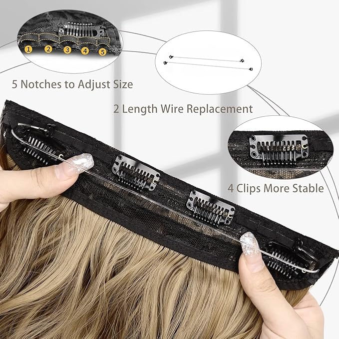MORICA Halo Hair Extensions 20 Inch Light Brown Mix Ash Blonde Invisible Wire Hair Extensions,Long Wavy Synthetic Hairpiece with Transparent Wire Adjustable Size, 4 Secure Clips for Women