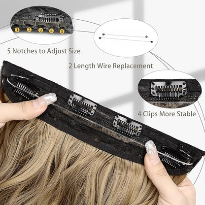 MORICA Halo Hair Extensions 20 Inch Light Brown Mix Ash Blonde Invisible Wire Hair Extensions,Long Wavy Synthetic Hairpiece with Transparent Wire Adjustable Size, 4 Secure Clips for Women