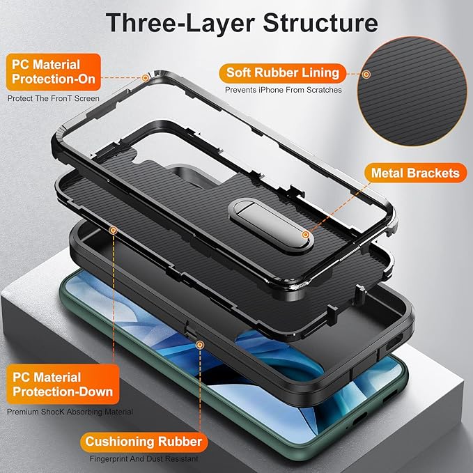 for Samsung Galaxy S22 Plus Case with Kickstand Case 3-Layer Military Grade Protective Case Cover Silicone Rugged Shockproof for Galaxy S22 Plus Phone Case Black+Black