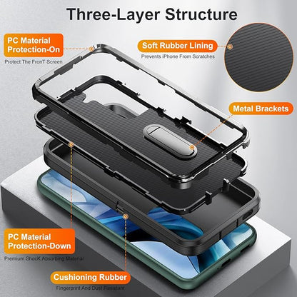 for Samsung Galaxy S22 Plus Case with Kickstand Case 3-Layer Military Grade Protective Case Cover Silicone Rugged Shockproof for Galaxy S22 Plus Phone Case Black+Black
