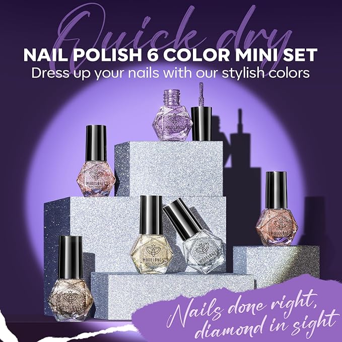 modelones Nail Polish Set 6 Colors Red Nude Gold Glitter Min Nail Polish Set Quick Dry Diamond Silver Sparkle Winter Nail Polish Manicure DIY Nail Art Salon Home Gift for Women Girl