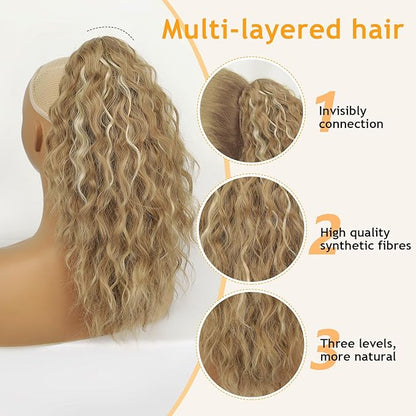 ORSUNCER Ponytail Extension Claw 18" Curly Pony Tail Clip in Claw Hair Extensions Fluffy Natural Looking Synthetic Hairpiece for Women Blonde Highlight