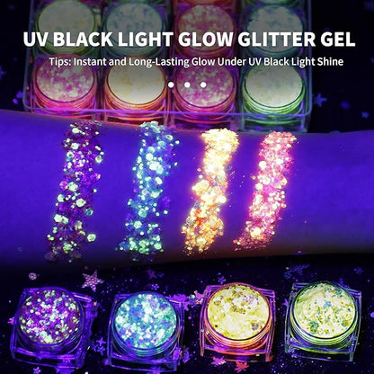 LATIBELL Glow in The Dark Body Face Glitter Gel for Women, 12 Colors Makeup Chunky Fine Glitter, UV Black Light Body/Face/Hair/Eyeshadow, Carnival Party(Not Loose Glitter)