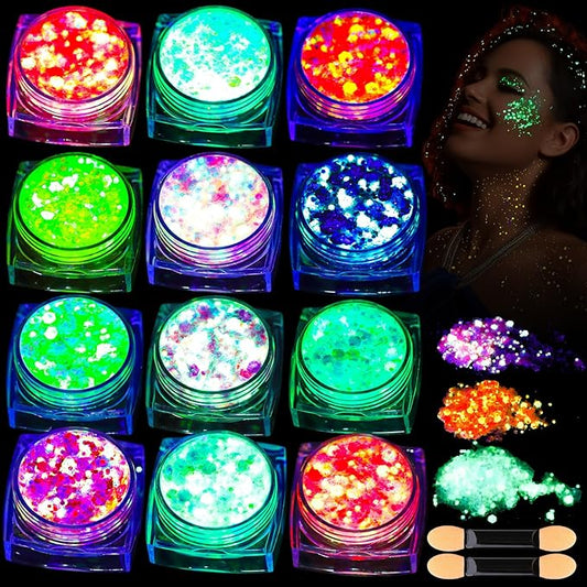 Teenitor 12 Colors Glow in The Dark Glitter Gel, Face Glitter Body Glitter Gel Hair Glitter for UV Black Light Makeup Raves Festivals