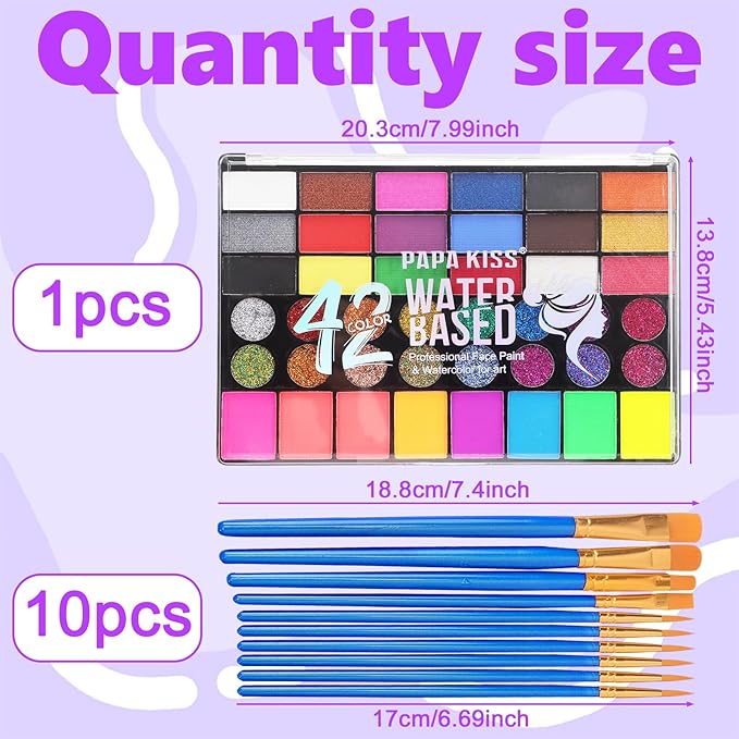 42 Color Face Painting Kit for Kids, Water Activated Face Paint Kit, Safe for Sensitive Skin Easy to Use, With Stencils & Brushes, Facepaint Makeup Kit for Parties, Birthdays, Halloween