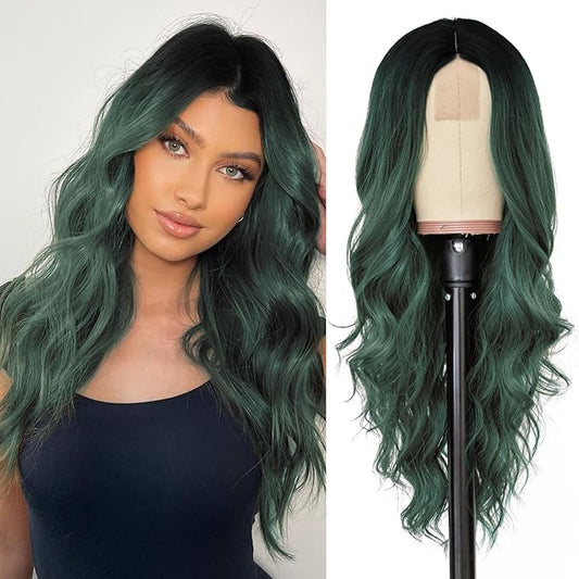 NAYOO Long Ombre Green Wavy Wig for Women 26 Inch Middle Part Curly Wavy Wig Natural Looking Synthetic Heat Resistant Fiber for Daily Party Use (Ombre Green)