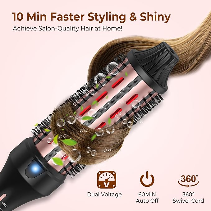 1 1/2 Inch Thermal Brush for Women, Hair Curling with Red Light Heated Round Fast Heating, Hot Round Double Voltage for Travel for Hair Straightening Curling Volumize