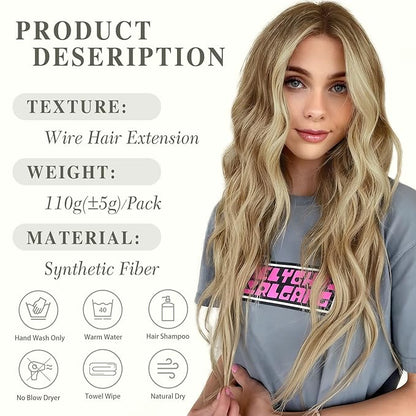 MORICA Invisible Wire Hair Extensions - 20 Inch Halo Hair Extensions Mixed Blonde Long Wavy Synthetic Hairpiece with Transparent Wire Adjustable Size, 4 Secure Clips for Women
