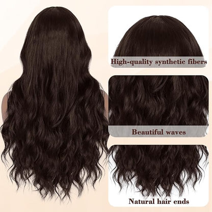 NAYOO Long Dark Brown Wavy Wig for Women 26 Inch Middle Part Lace Hairline Curly Wavy Wig Natural Looking Synthetic Heat Resistant Fiber for Daily Party Use