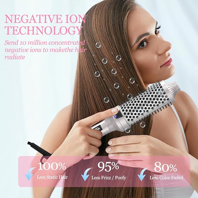 K&K Thermal Brush Heated Round Brush - Blowout Look Volumizer with 1.7 inch Heated Round for Hair Styler Tool Hair Straightener and Curler 2 in 1 Dual Voltage Temperture ContronalQuick & Easy