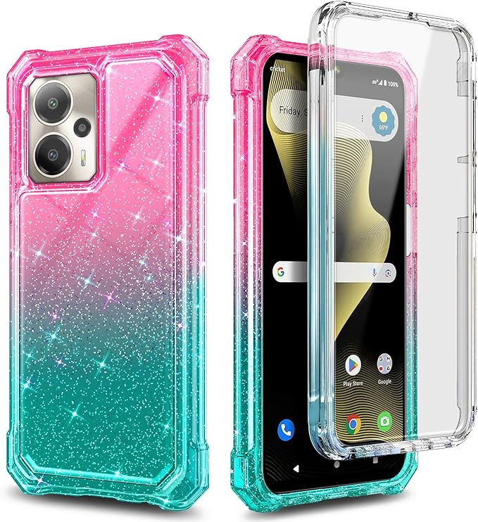for Cricket Outlast 5G 2024 Case, AT&T Motivate Pro 5G with [Built-in Screen Protector], [9FT Military Grade Drop Tested] Full-Body Protective Shockproof Bumper Case (Glitter Pink/Aqua)