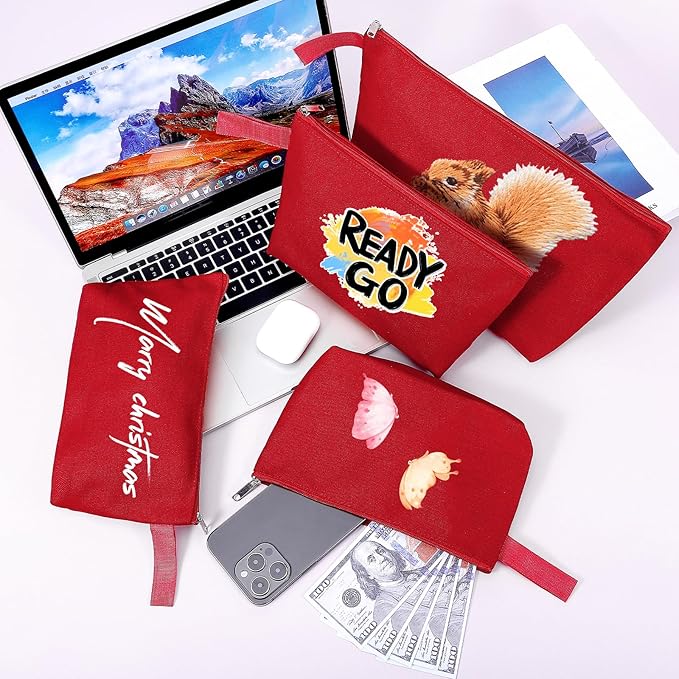 10 Pieces Cotton Canvas Makeup Bag with Bottom and Strap, Multi-Purpose Cosmetic Bag with Zipper Travel Toiletry Pouch, Blank DIY Craft Bag (Red, M)