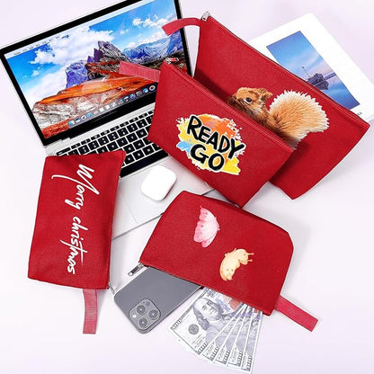 10 Pieces Cotton Canvas Makeup Bag with Bottom and Strap, Multi-Purpose Cosmetic Bag with Zipper Travel Toiletry Pouch, Blank DIY Craft Bag (Red, M)