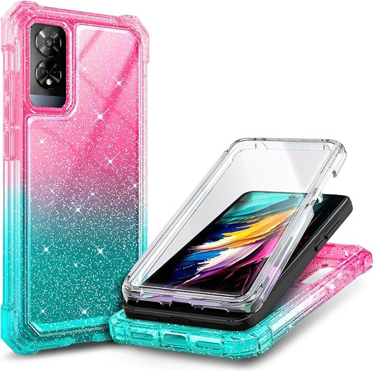 Designed for TCL 50 XE 5G Phone Case, 50 XE NXTPAPER 5G Case with Screen Protector, [Raised Corners Drop Protection] Full-Body Protective Shockproof Rugged Bumper Cover (Glitter Pink/Aqua)