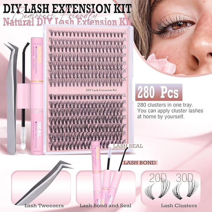 Natural DIY Lash Extension Kit Wispy Lash Clusters D Individual Lashes 20D+30D 280Pcs Lash Clusters Kit 8-16mm Eyelash Extension Kit by FANXITON