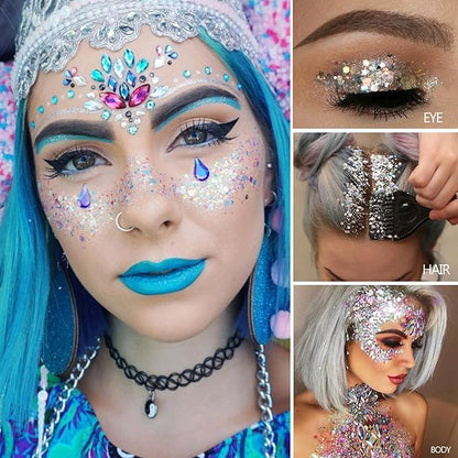 MEICOLY Gold Body Glitter,Yellow Face Glitter,Music Festival Accessories Outfits for Women,Mermaid Sequins Hair Glitter Makeup,Sparkle Face Body Glitter for Country Concert,Mardi Gras Accessories