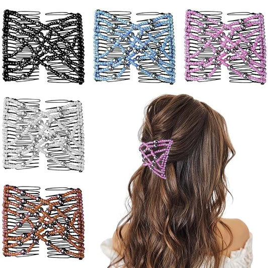 5 Pieces Stretchy Magic Comb Adjustable Elastic Hair Clip for Women Girls No Crease Pins Vintage Bun Maker Accessories for Curly Thick Wavy Hair Ponytail