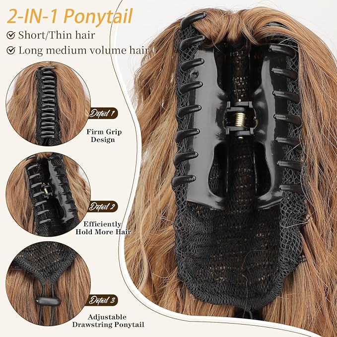 ORSUNCER Ponytail Extension Claw 30" Curly Pony Tail Clip in Claw Hair Extensions Fluffy Natural Looking Synthetic Hairpiece for Women Light Brown Mix Light Blonde