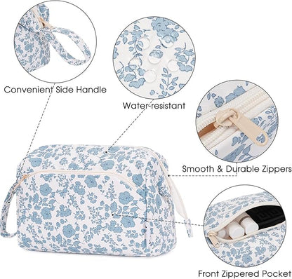 Narwey Cute Floral Makeup Bag Wide-open Make up Bag Travel Cosmetic Organizer Toiletry Bag for Cosmetics Toiletries Accessories (Little Blue Flower)