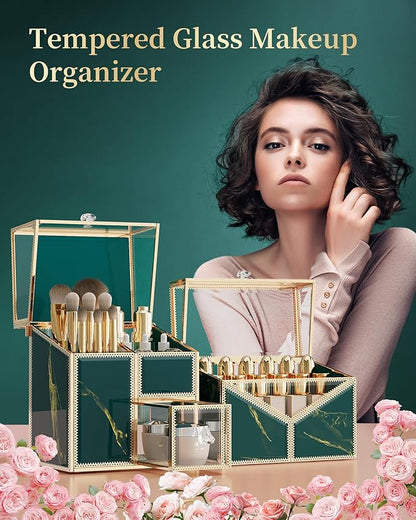 Makeup Organizer Countertop Set – Vanity Holder with 18-Slot Lipstick Organizer & Covered Makeup Brush Holder – Skincare, Perfume & Cosmetic Display for Bathroom or Dresser