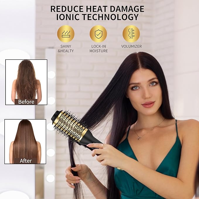 4-in-1 Hair Styler: Oval Brush Dryer and Volumizer for All Hair Types (Black Gold)