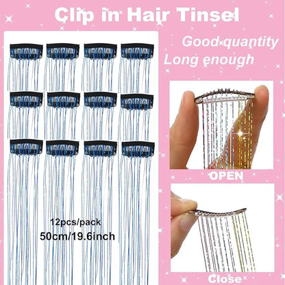 12Pcs Hair Tinsel Kit Clip in 19.6Inch Glitter Tinsel Hair Extensions Shiny Sparkly Fairy Hair Accessories for Women Girls Kids (Sapphire Blue)