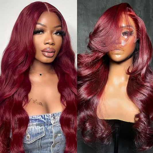 28 Inch 99j Burgundy Lace Front Wigs Human Hair Dark Shade 13x4 HD Lace Body Wave Burgundy Wig Human Hair Pre Plucked 180 Density Full Frontal with Natural Hairline Dark Tone Body Wave