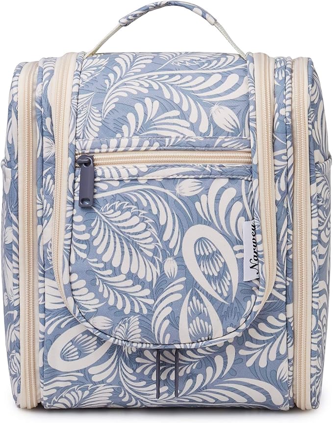 Narwey Small Hanging Toiletry Bag Women Travel Makeup Bag Organizer Toiletries Bag for Travel Size Essentials Accessories Cosmetics (Medium, Blue Leaf)