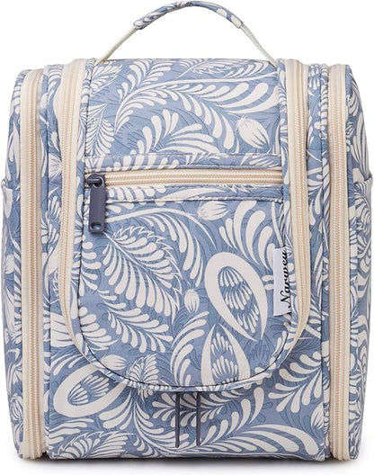 Narwey Small Hanging Toiletry Bag Women Travel Makeup Bag Organizer Toiletries Bag for Travel Size Essentials Accessories Cosmetics (Medium, Blue Leaf)