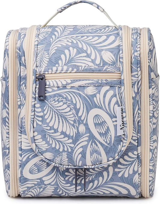 Narwey Small Hanging Toiletry Bag Women Travel Makeup Bag Organizer Toiletries Bag for Travel Size Essentials Accessories Cosmetics (Medium, Blue Leaf)