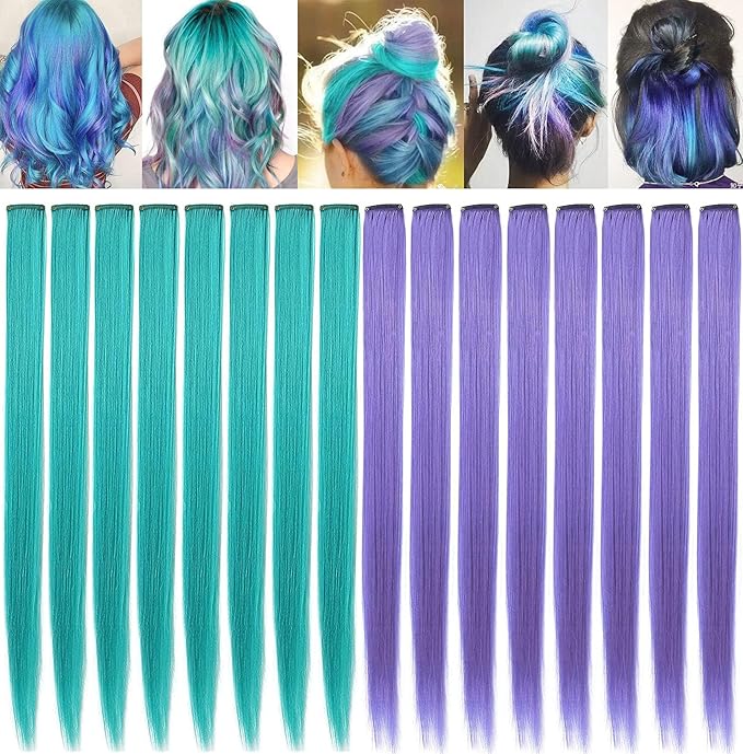 20 Inch Colored Party Highlights Straight Hair Clip Extensions Heat-Resistant Synthetic Hair Extensions in Multiple Colors 12PCS(Teal Lavender)