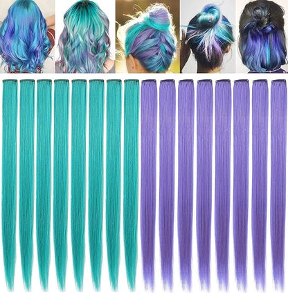 20 Inch Colored Party Highlights Straight Hair Clip Extensions Heat-Resistant Synthetic Hair Extensions in Multiple Colors 12PCS(Teal Lavender)