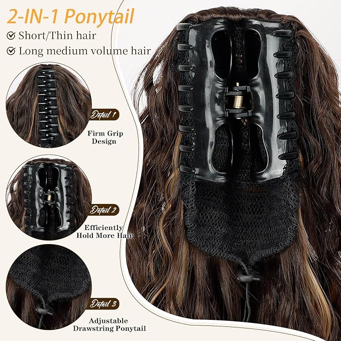 ORSUNCER Ponytail Extension Claw 26" Curly Pony Tail Clip in Claw Hair Extensions Fluffy Natural Looking Synthetic Hairpiece for Women Chocolate Brown Highlight