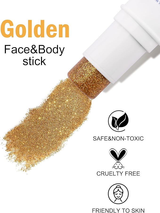 Body Glitter Stick, Chunky Gel for Face and Hair, Purple Makeup, Sparkling Holographic Mermaid Sequins Paint, Waterproof Multiuse Glitter, 03#Golden