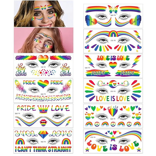 10 Sheets Pride Day Face Fake Tattoos Rainbow Temporary Tattoos Adult Rainbow Hearts Butterfly Ribbons Crown Colorful Love Tattoo Kit Gay LGBTQ Pride Day Parade Party Eye Makeup Face Decor Supplies