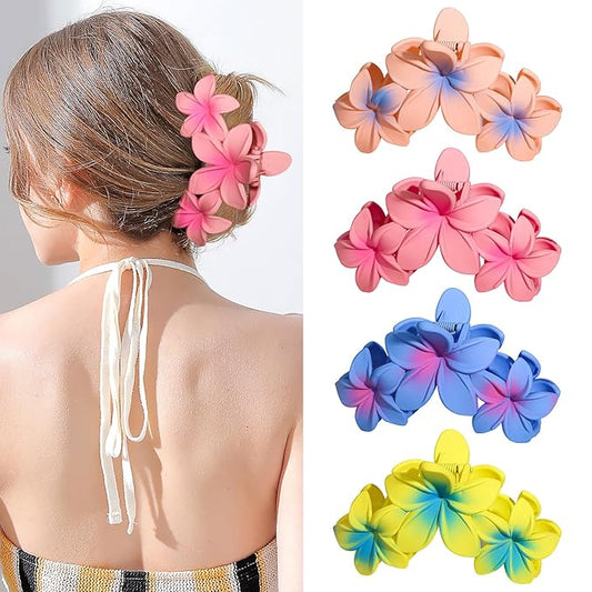 4PCS Plumeria Hair Clips for Thick Hair - Large Hawaiian Claw Clips with Strong Hold and Non-Slip Grip (Colorful)