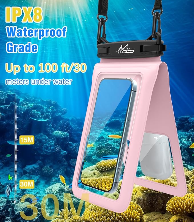 MoKo Double Case Waterproof Phone Pouch, 2Pack Waterproof Phone Case Dry Bag with Adjustable Lanyard Compatible with iPhone 15 14 Pro Max Galaxy S23 Ultra/Note 20 Ultra Up to 7 Inches, Black+Pink
